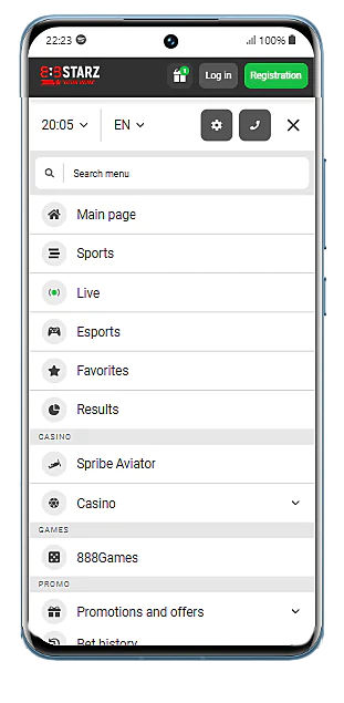 Screenshot of the 888Starz app menu